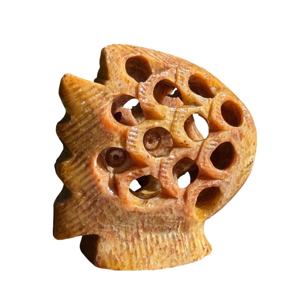 Vintage Hand Carved Soapstone Fish Figurine Honey Yellow Stone Sculpture‎ Small